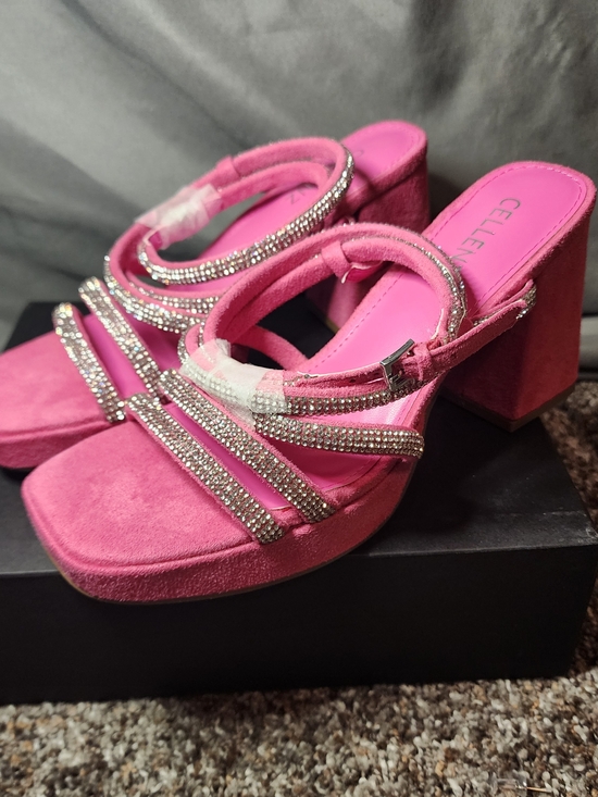 Shoes - Pink Crystal Strap Block Heel Sandals
